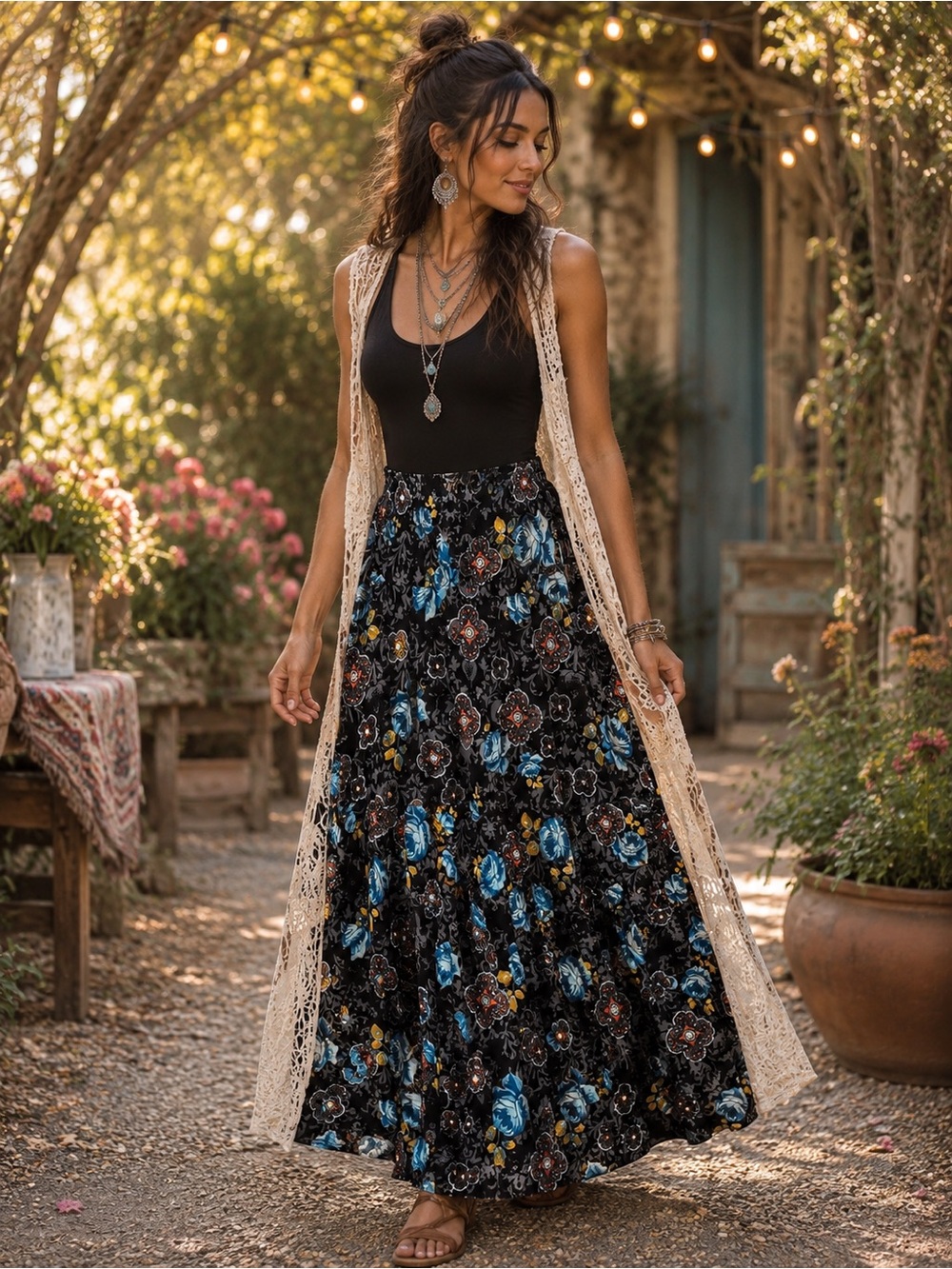 LuLaRoe Maxi Skirt with Blue and Yellow Floral Print